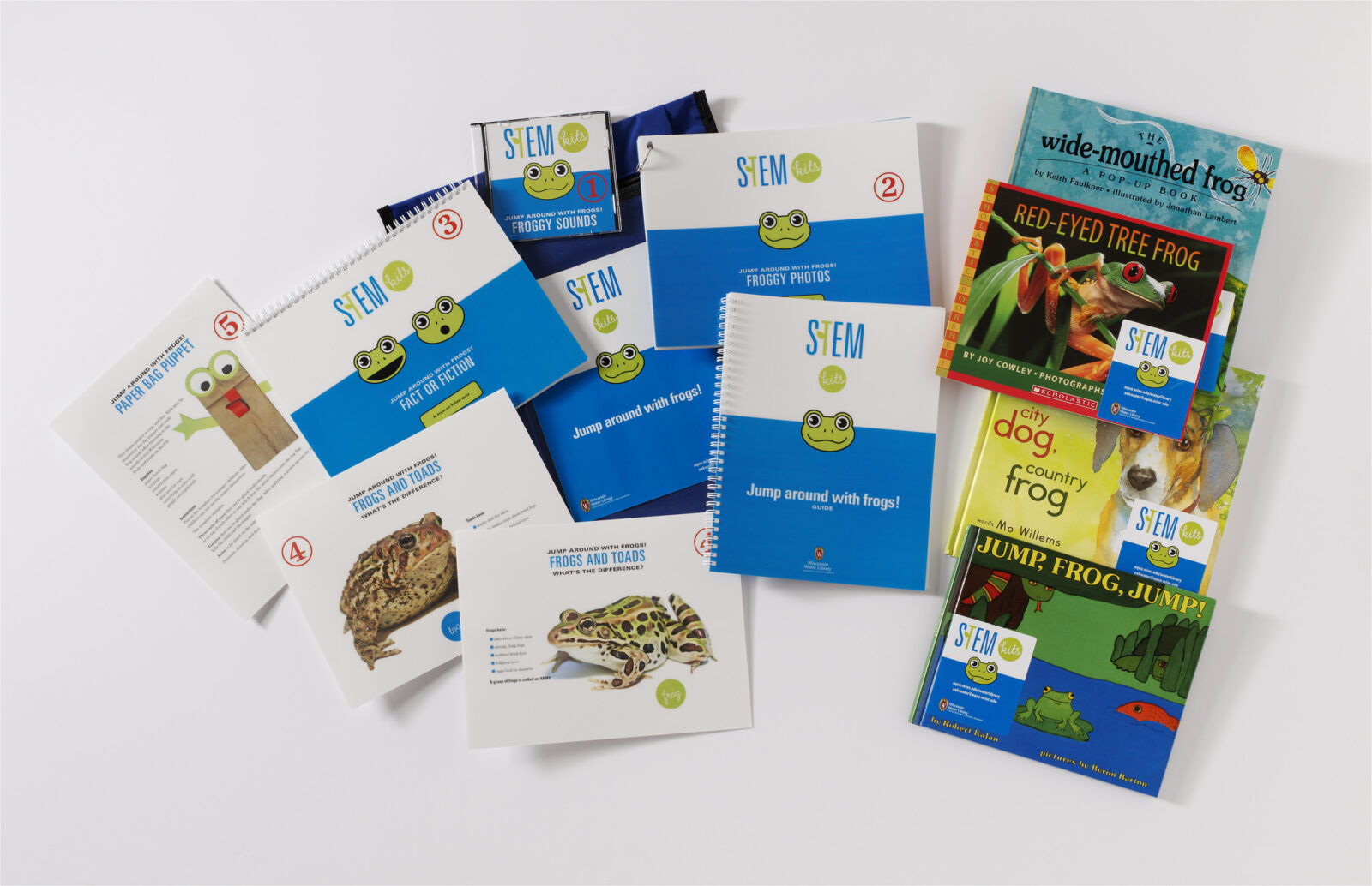 "Jump around with frogs!" outreach STEM kit materials.