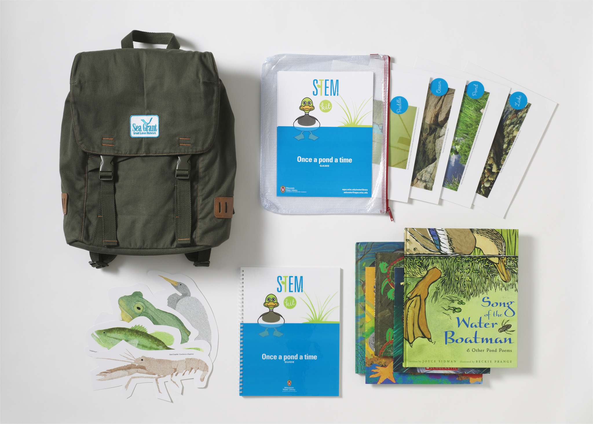 The contents of the "Once a pond a time" kit including books, guide, cutouts and a backpack