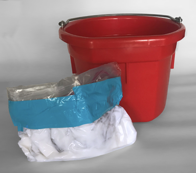 A red bucket and bag of shortening sealed with blue tape.