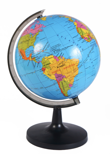 A globe showing part of North America, South America, and the Atlantic Ocean.